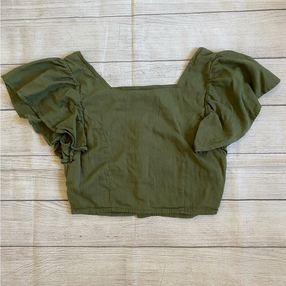 Cotton On Olive Green Button-Up Crop Flutter Sleeve Top - Picture 3 of 6